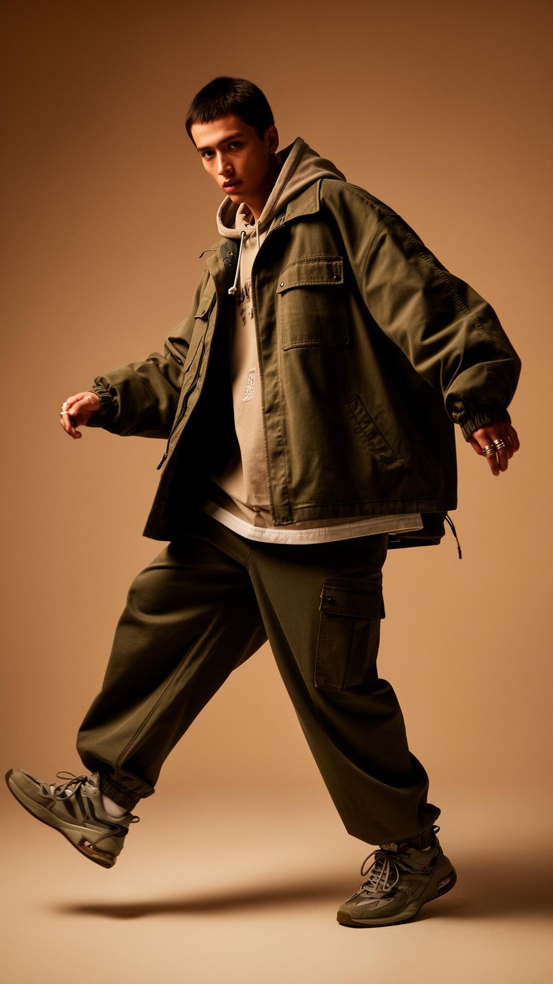 Modelo con conjunto oversized de la colección Movimiento